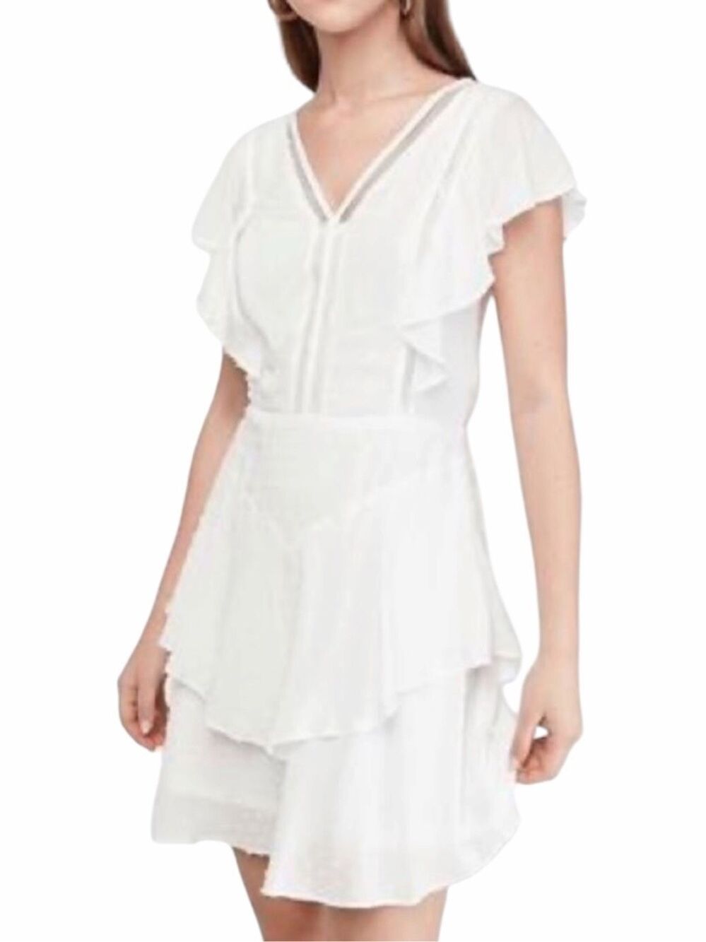 EXPRESS White Swiss Dot Flutter Sleeve Fit & Flare Tiered Dress Medium